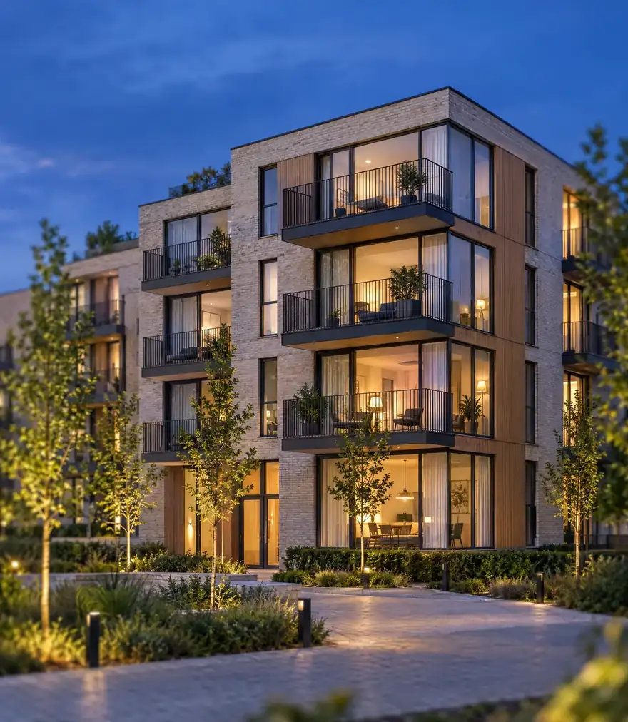 Nieuw appartementsgebouw met balkons bij valavond – vastgoed leads voor projectontwikkelaars